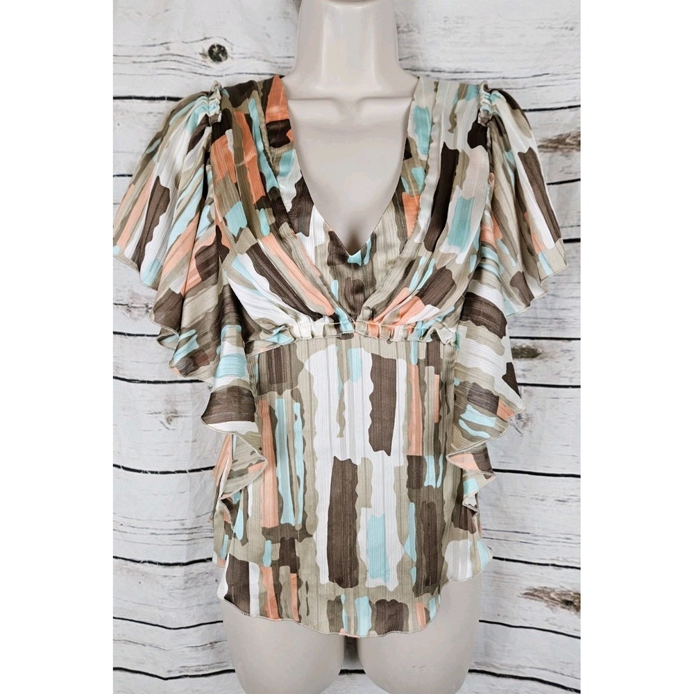 Vintage BCBG Babydoll Ruffle Chiffon Top 6 Fairy Grunge Y2K Brown Multi Pleated